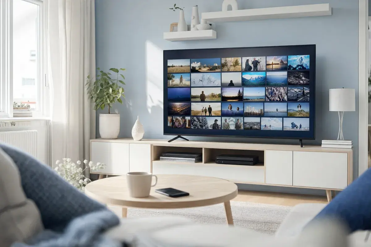 Large TV showing a tidy grid of channels, movies and series in a bright Nordic living room