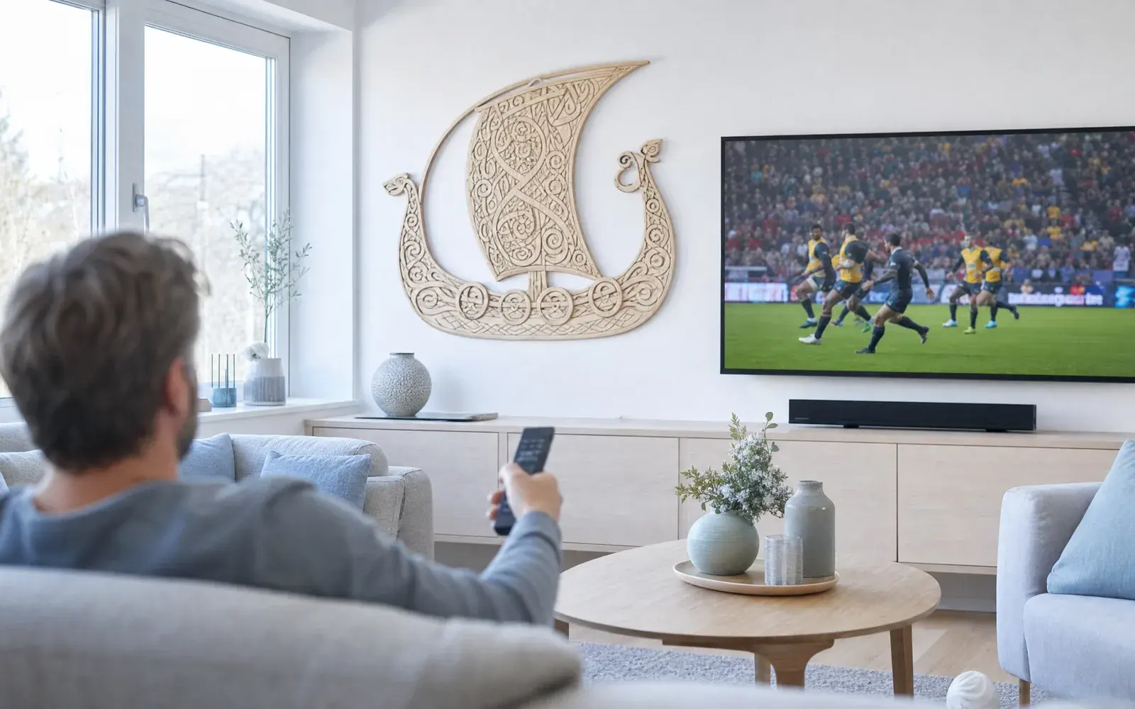 Bright Scandinavian living room with a large smart TV streaming live sport, a pale wood Viking longship art piece on the wall