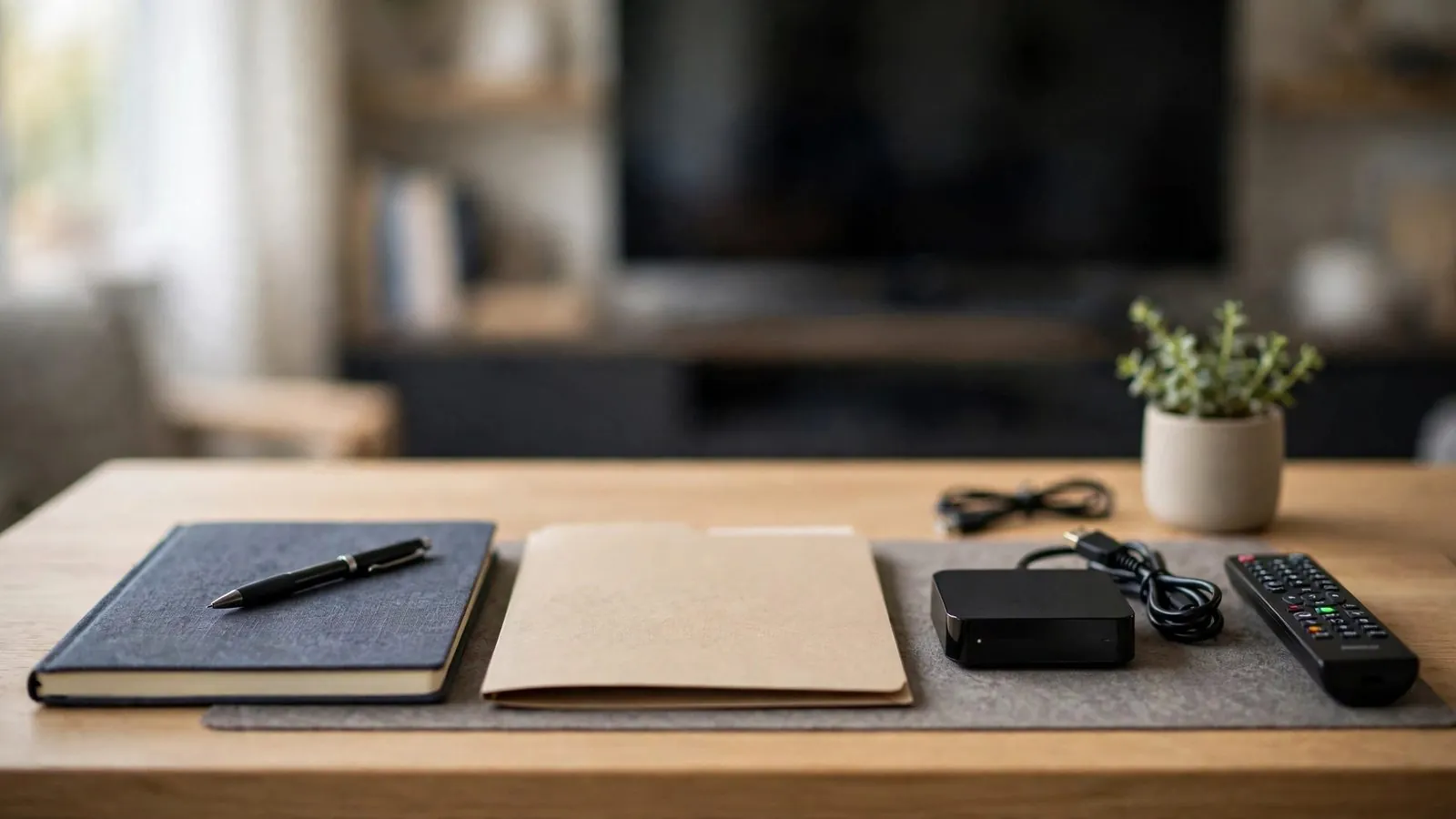 Wooden desk with two notebooks, pen, remote control, black streaming device, and blurred TV in background.