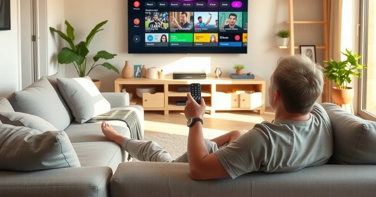 Person relaxing on a sofa in a bright Scandinavian living room, navigating a TV channel guide on a wall-mounted television in natural daylight