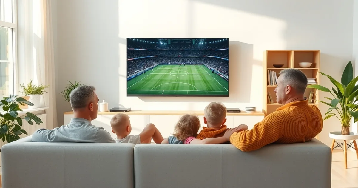 A Nordic family watching a football match together on a large TV in a bright, minimalist living room