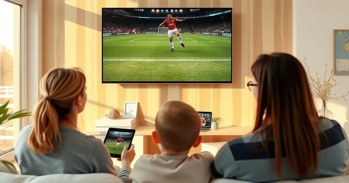 A family in a bright Scandinavian living room watching a Champions League match together on a large TV while one member checks the same match on a tablet