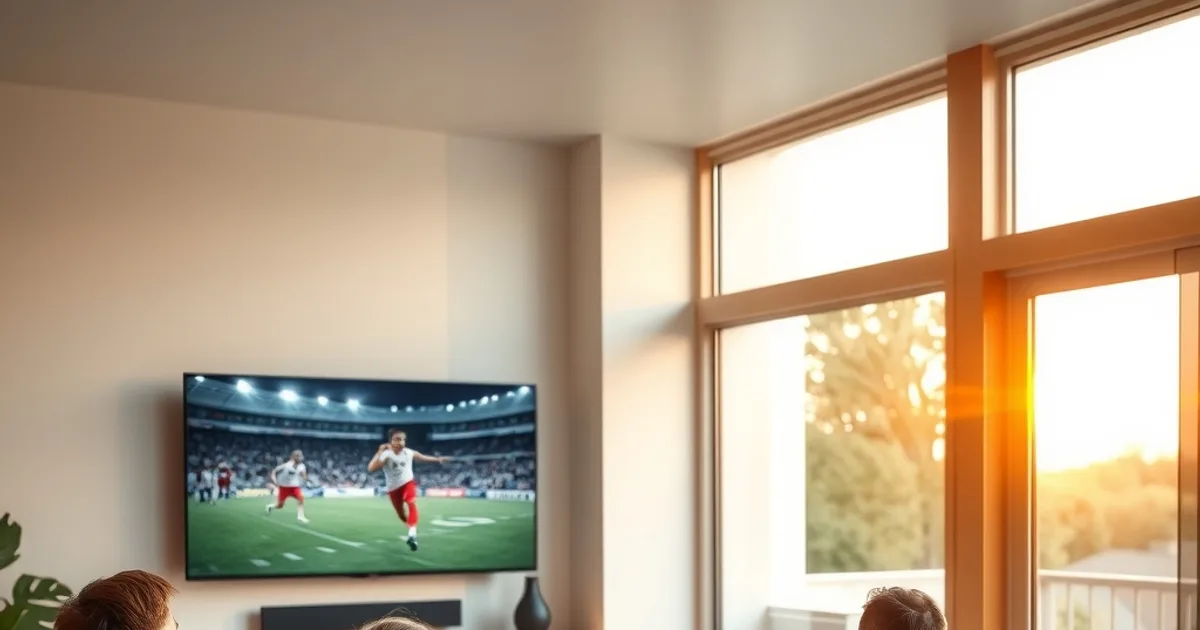 Friends relaxing on a sofa in a bright living room watching a live football match, with a streaming device connected by Ethernet cable visible near the TV.