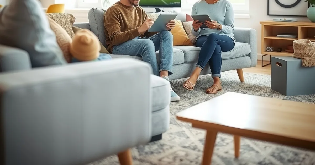 A Nordic family comparing streaming options on two tablets in a bright, minimalist living room with a football match visible on the TV in the background