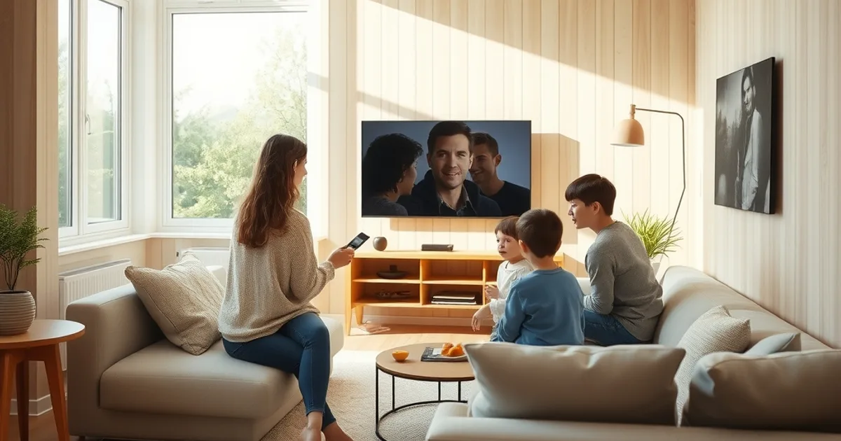 A Nordic family relaxing in a bright, minimalist living room while setting up streaming TV together