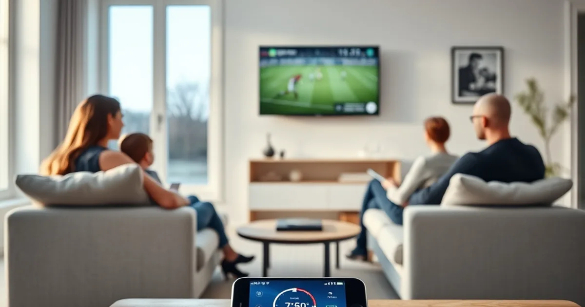 A family watching a football match on a living room TV in a bright Nordic home, with a smartphone running a network speed test on the coffee table