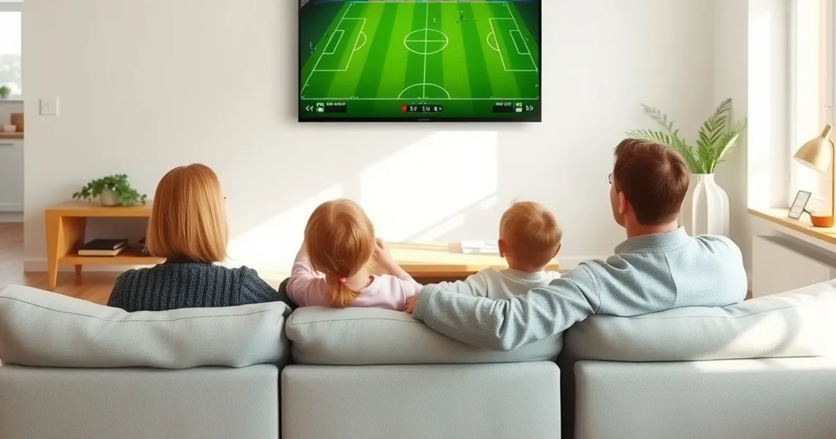 A Nordic family watching a football match together on a living room TV in bright daylight