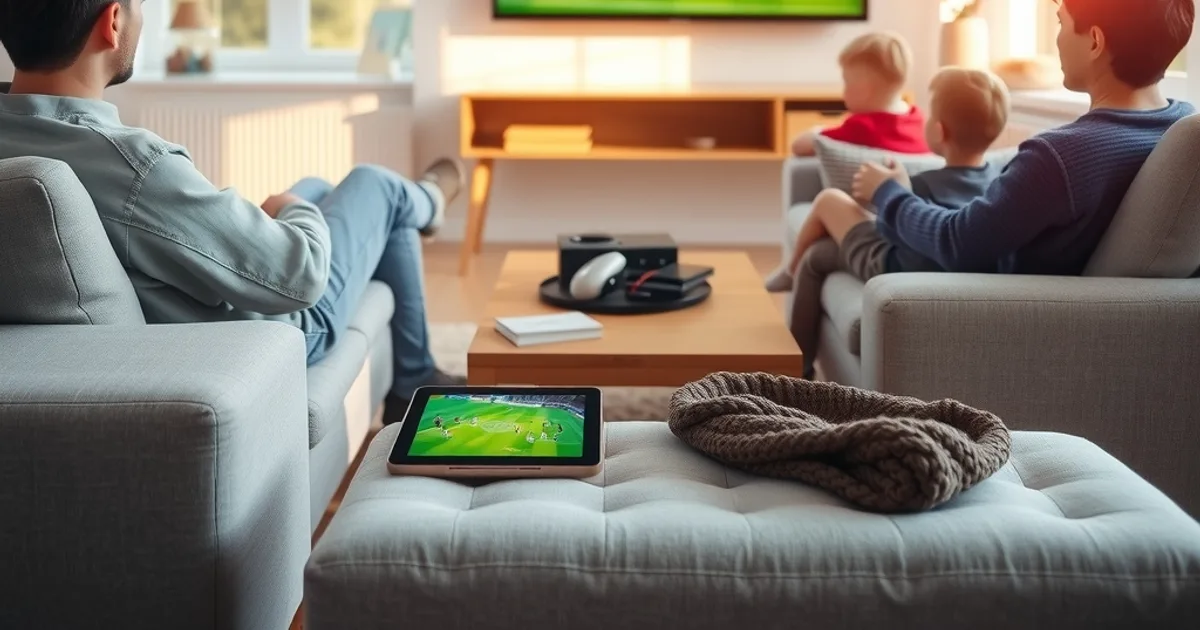 A family relaxing on a sofa in a bright Scandinavian living room, watching a live football match on a large wall-mounted TV in the afternoon sunlight