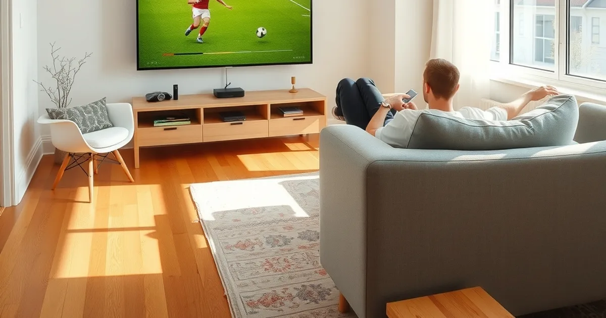 Person watching a sharp, buffer-free 4K football match on a TV in a bright Nordic living room