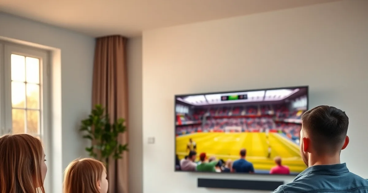 A family relaxing on a sofa in a sunlit living room, watching a football match streamed on their TV