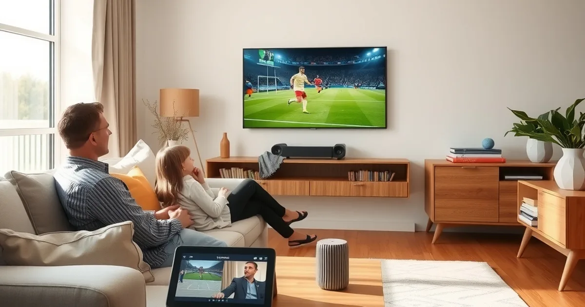 A family relaxing on a sofa in a bright Scandinavian living room, watching a football match together with a tablet showing a streaming guide on the coffee table