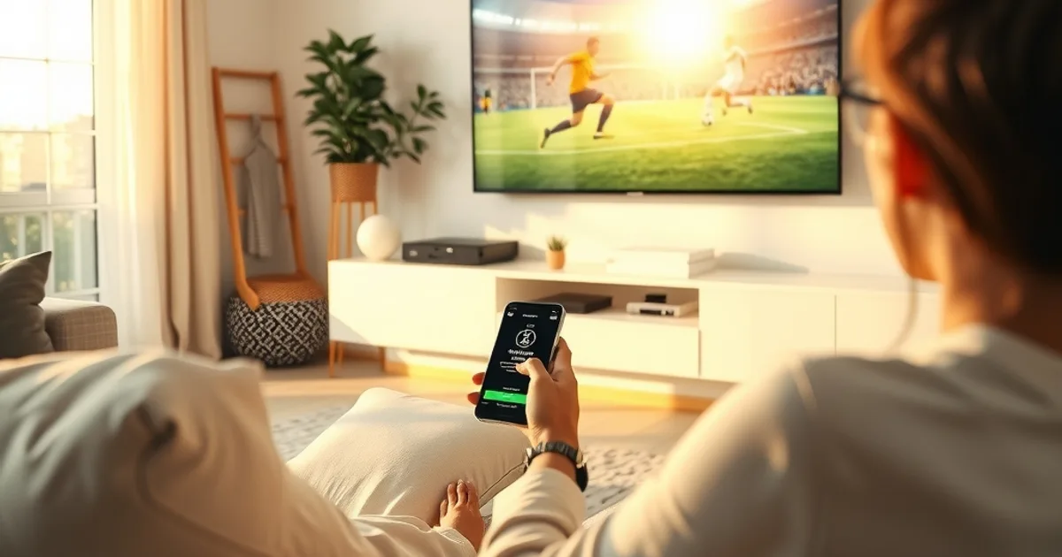A person on a sofa setting up a streaming app on their phone with a football match playing on the TV in a bright, modern living room