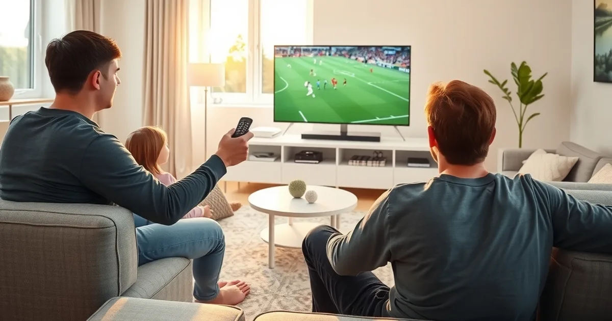 A family watching a football match together in a bright, modern living room with a backup streaming device remote nearby