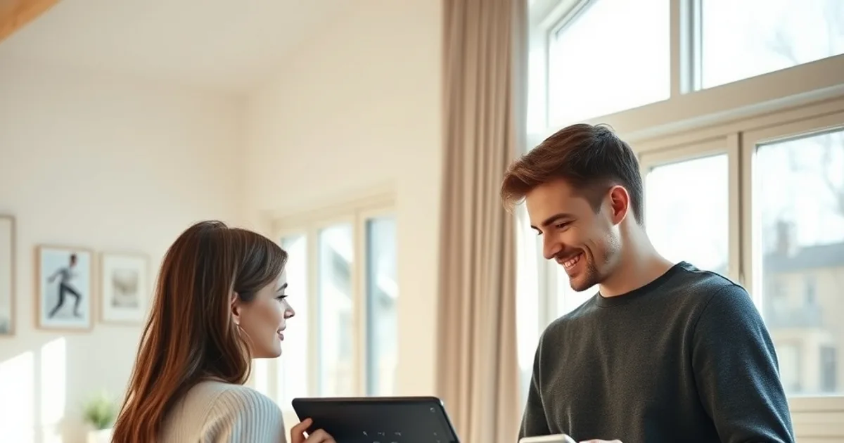 A couple in a bright Scandinavian living room streaming a live sports match on an iPad and iPhone