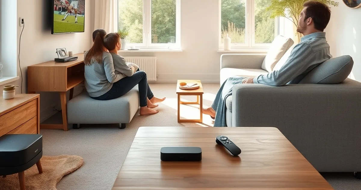 A family relaxing on a sofa in a bright Scandinavian living room, watching football on a wall-mounted TV, with an old cable box sitting unused on a shelf nearby
