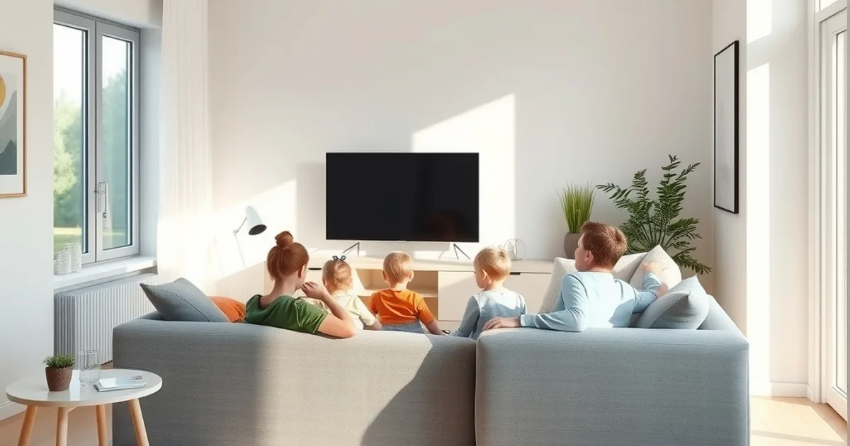 A family relaxing on a sofa watching television together in a bright, sunlit Nordic living room