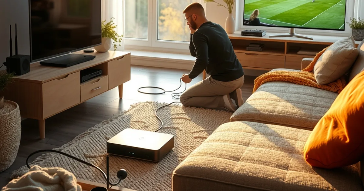 A person adjusting a streaming device and router setup in a bright Scandinavian living room in early autumn, preparing for the football season