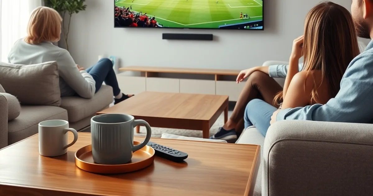 Friends watching a football match together on a TV in a sunlit living room
