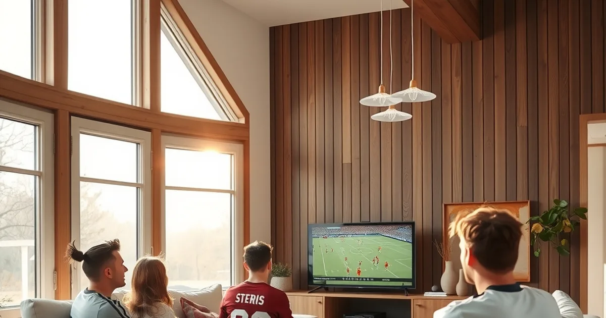 Friends in casual football jerseys watching a match together on a living room TV in a sunlit Nordic-style home in early autumn