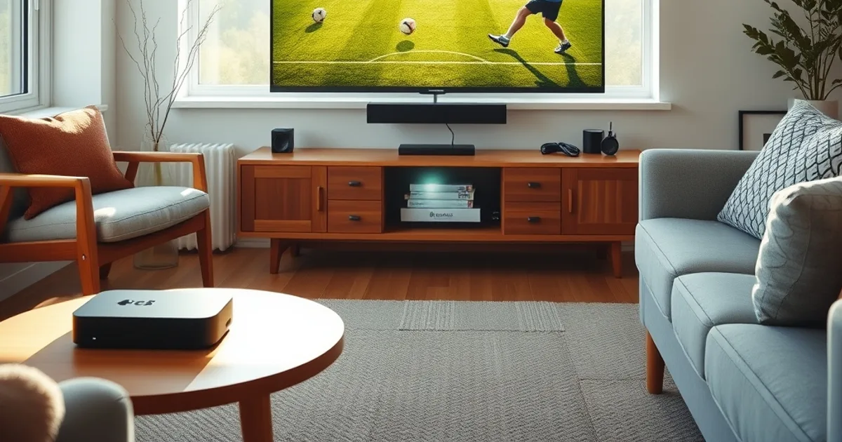 A person setting up an Android TV box beneath a wall-mounted television in a bright Scandinavian-style living room