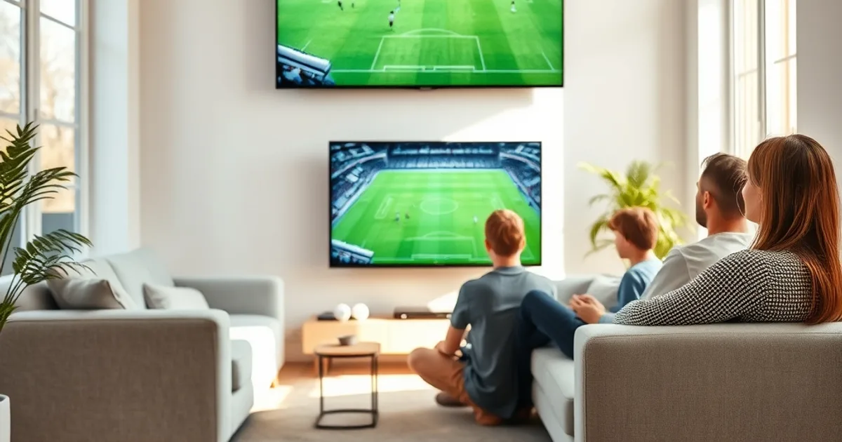 A family relaxes on a sofa in a bright Nordic living room watching a football match in 4K on a wall-mounted TV, with an Apple TV remote on the coffee table