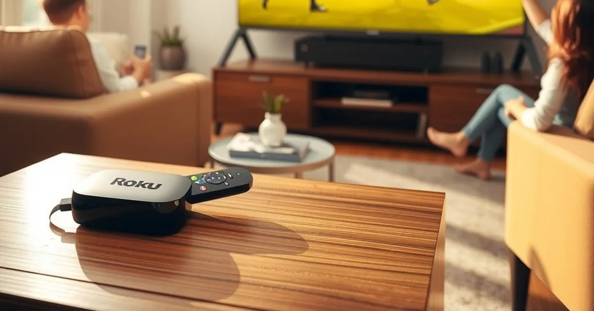 A person in a bright living room using a Roku remote to watch live football on a large TV during the day
