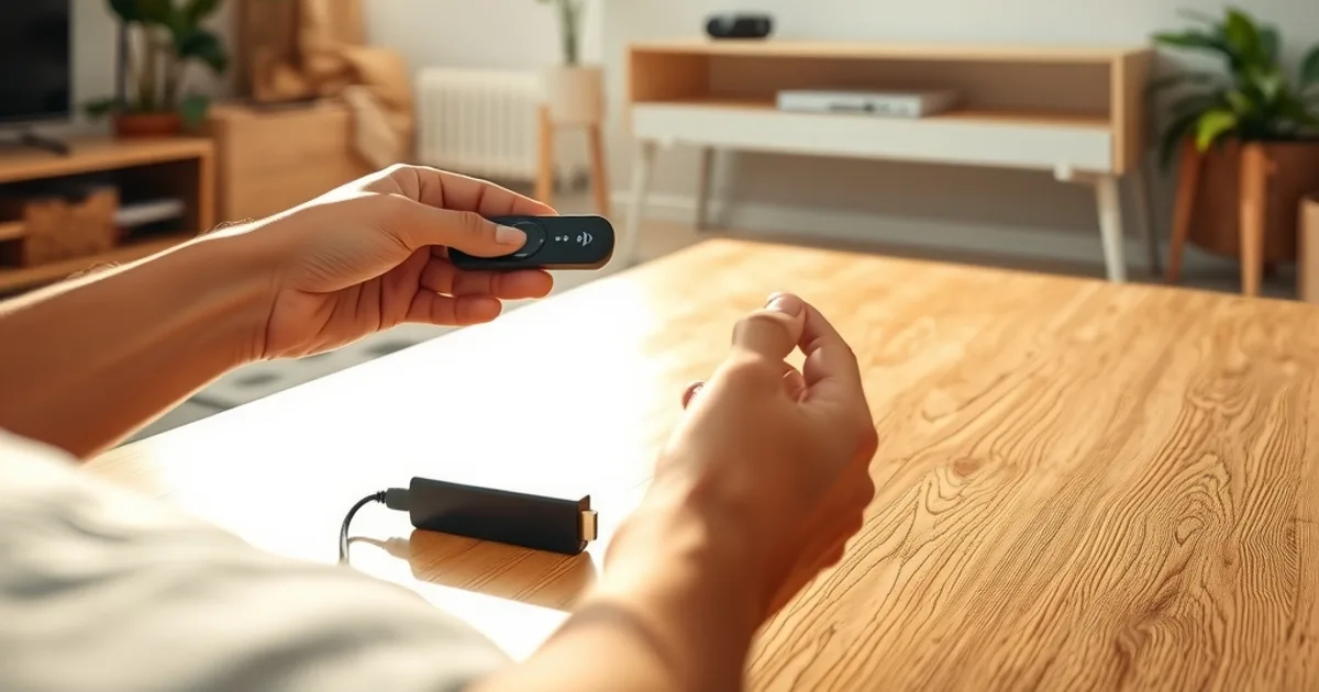 A hand holding a Fire TV streaming stick near a TV remote on a coffee table, with a sports channel guide showing on the TV in a bright, sunlit living room