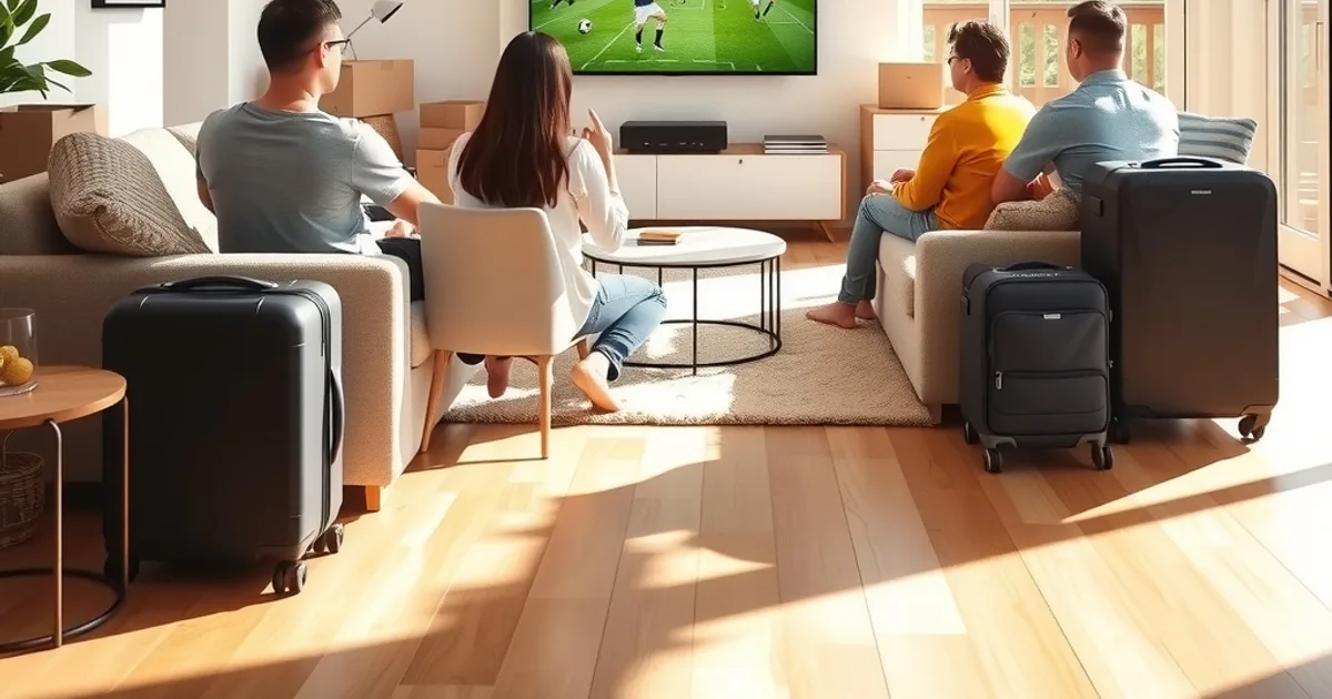 A family in a bright, newly moved-into living room watching a football match together on TV, with moving boxes in the background