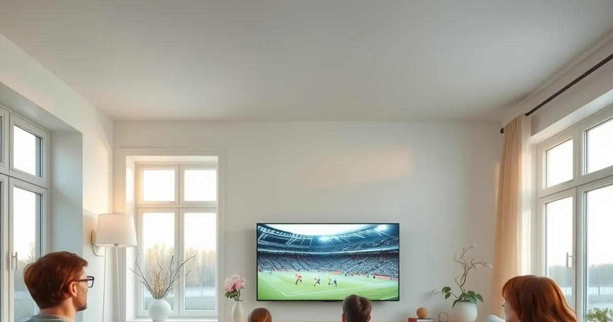 A family relaxing on a sofa in a bright Nordic living room, watching a football match on a large smart TV during golden-hour daylight